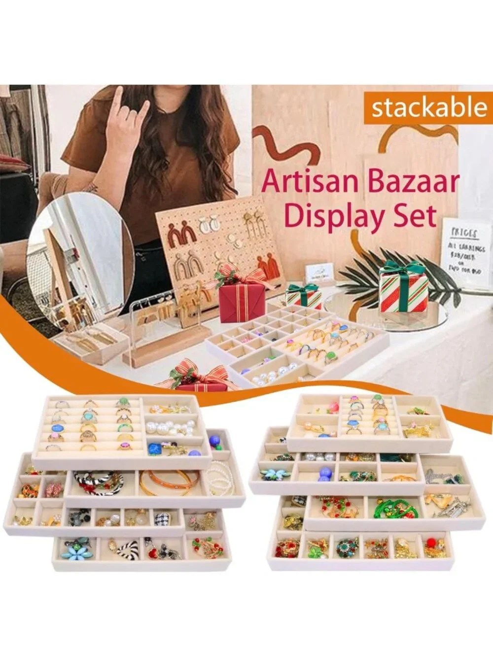 Velvet Jewelry Organizer Set - 8 Stackable Drawer Boxes for Earrings & Necklaces